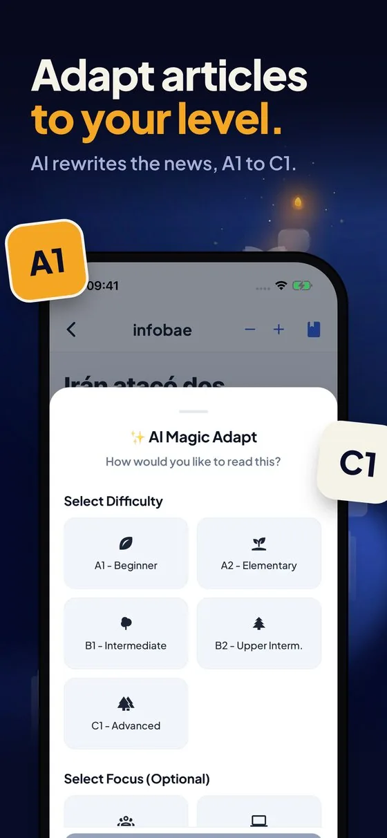 AI article adaptation screen with difficulty levels
